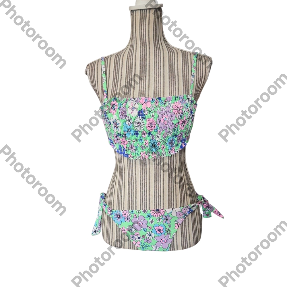 California Sunshine Woman Floral Bikini Set 2 Piece Top Smocked Bottom Tie SideS